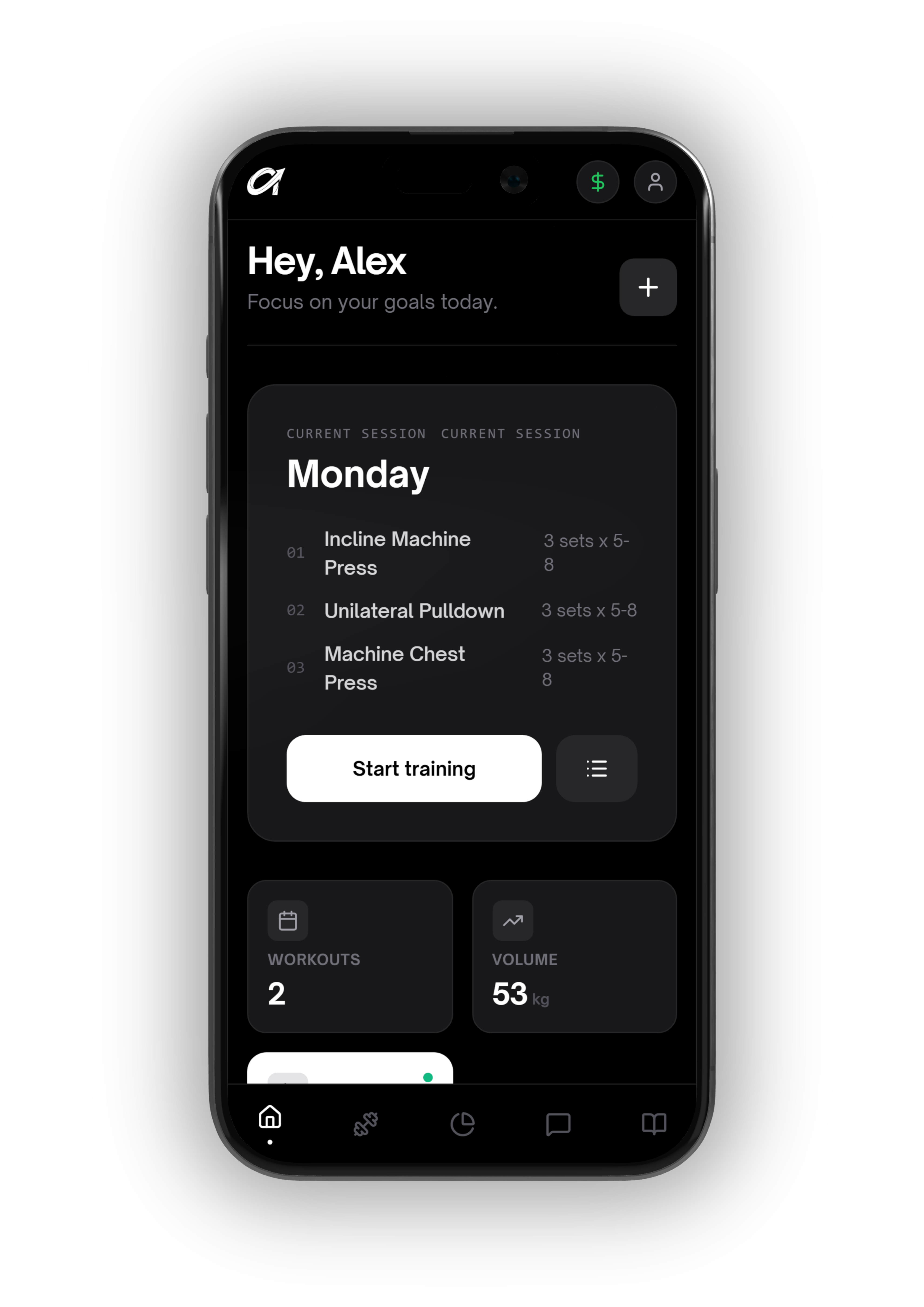 Adactiv home screen showing Monday's training