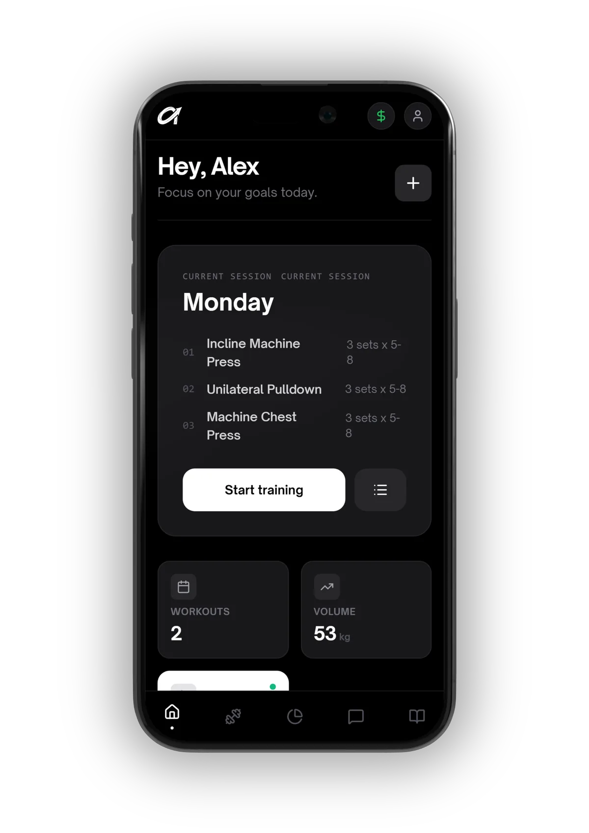 Adactiv home screen showing Monday's training